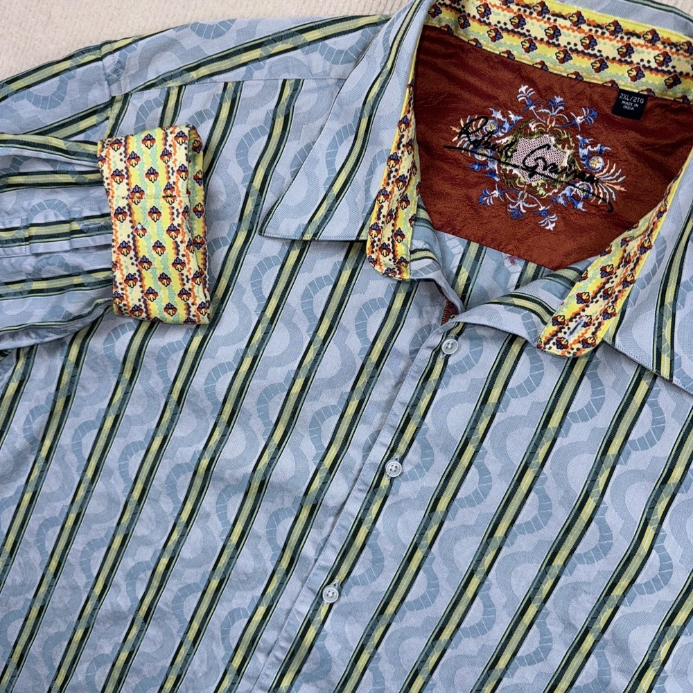 Robert Graham‎ Knowledge Wisdom Truth Blue Striped Jacquard Shirt 2XL Silk Trim